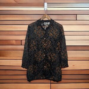 Chicos Design Silk Blend Women’s Long Sleeve Button Front Sheer Shirt Blouse